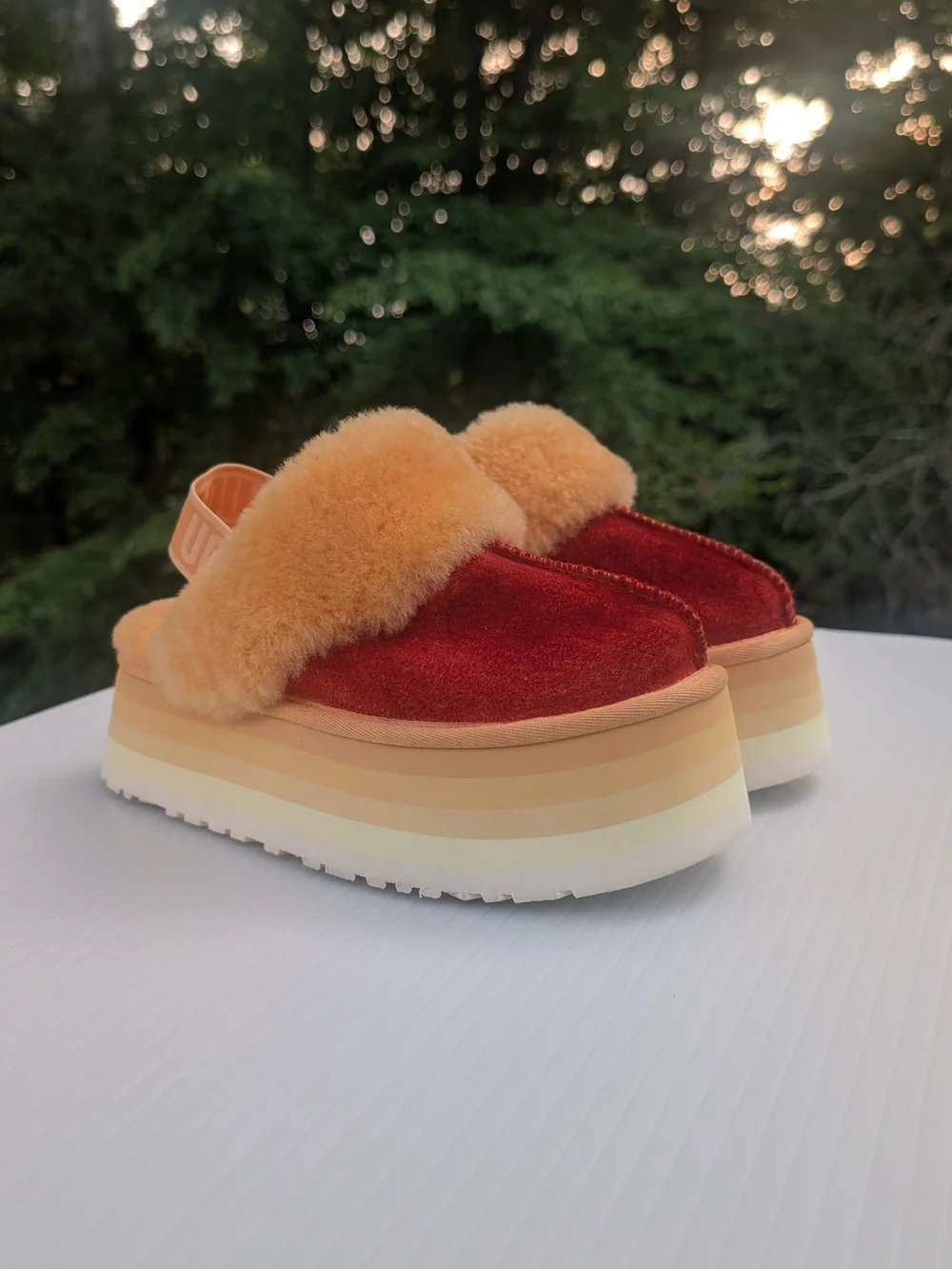 UGG Two-Tone Platform Slide in Orange Faux Fur and Orange Red Upper 7
